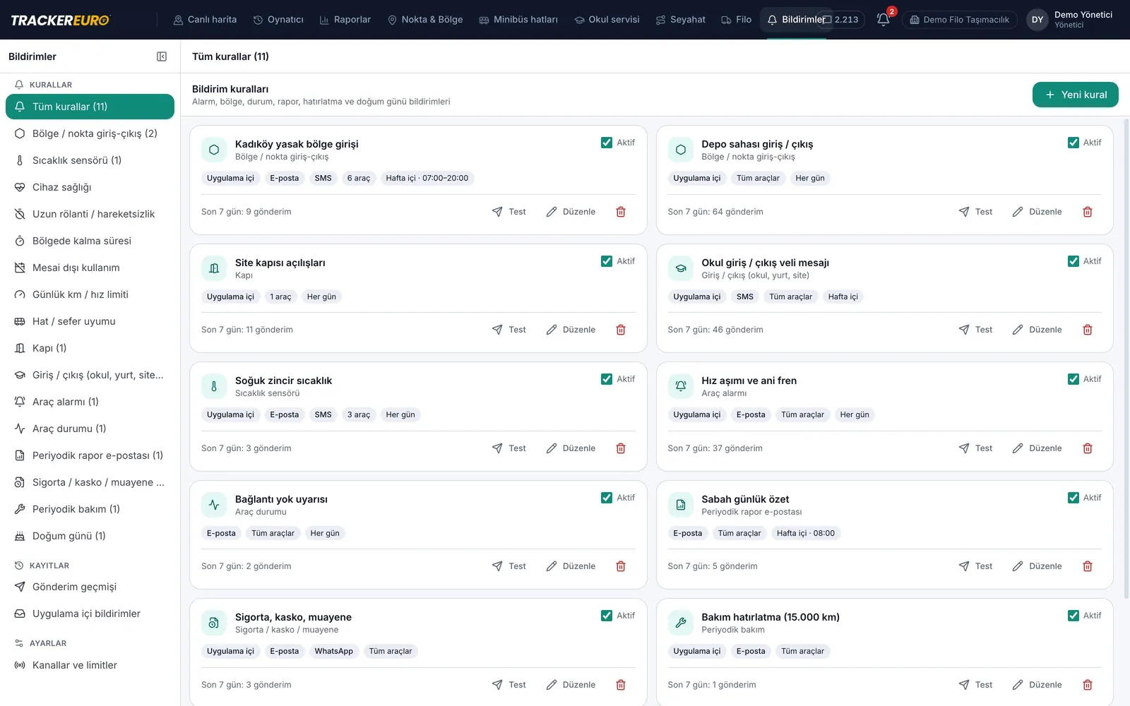 Araç takip bildirim kuralları ekranı
